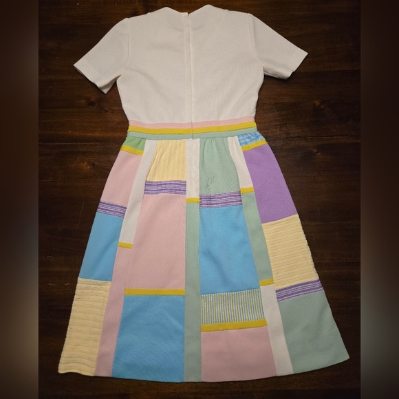 Vintage 1960s/70s Colorblock Patchwork A-Line Midi Dress Pastel 28" Waist Lined - Picture 8 of 9